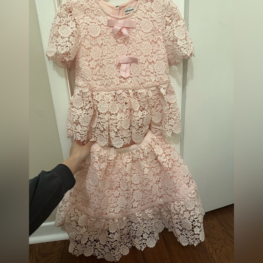 Self-Portrait Kids Pink Guipure Lace 2-Piece Set - Peplum Top & Skirt - Size 4/5